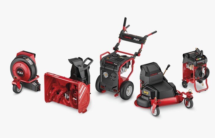 The Troy-Bilt FLEX modular yard care system uses one engine with attachments